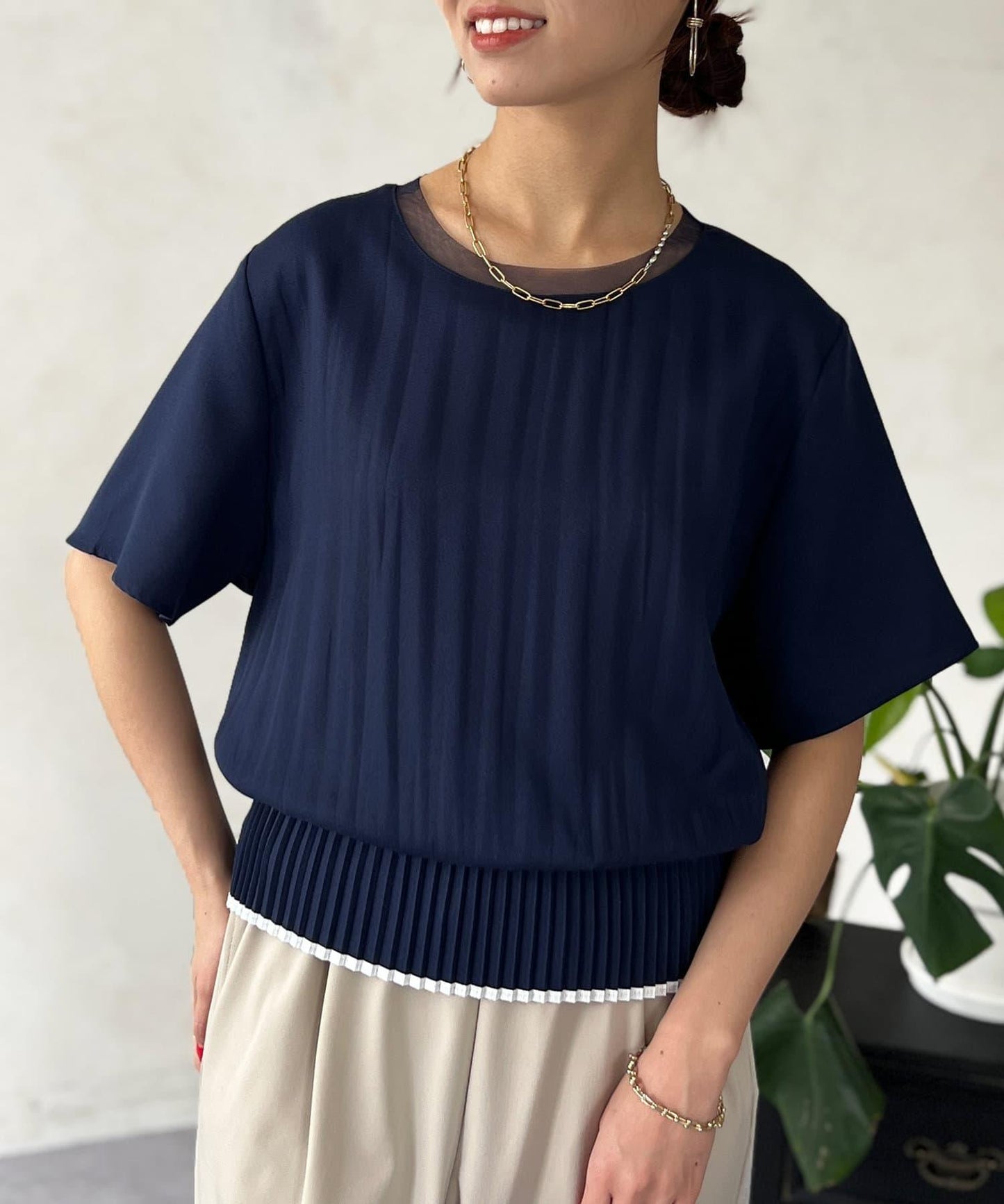 修身褶皺拼接襯衫