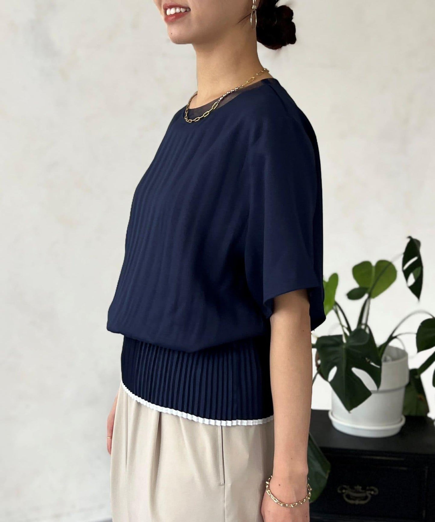 修身褶皺拼接襯衫