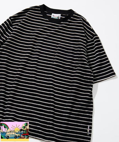 【海灘&節日】多色條紋毛巾 圓領 帶口袋T恤 短袖