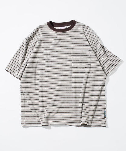 【海灘&節日】多色條紋毛巾 圓領 帶口袋T恤 短袖