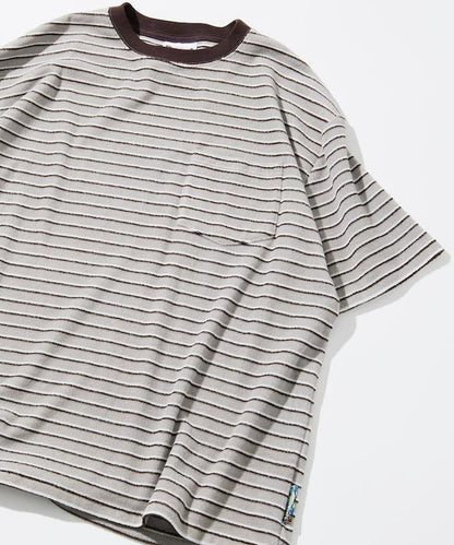 【海灘&節日】多色條紋毛巾 圓領 帶口袋T恤 短袖