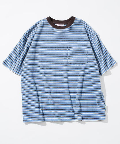 【海灘&節日】多色條紋毛巾 圓領 帶口袋T恤 短袖