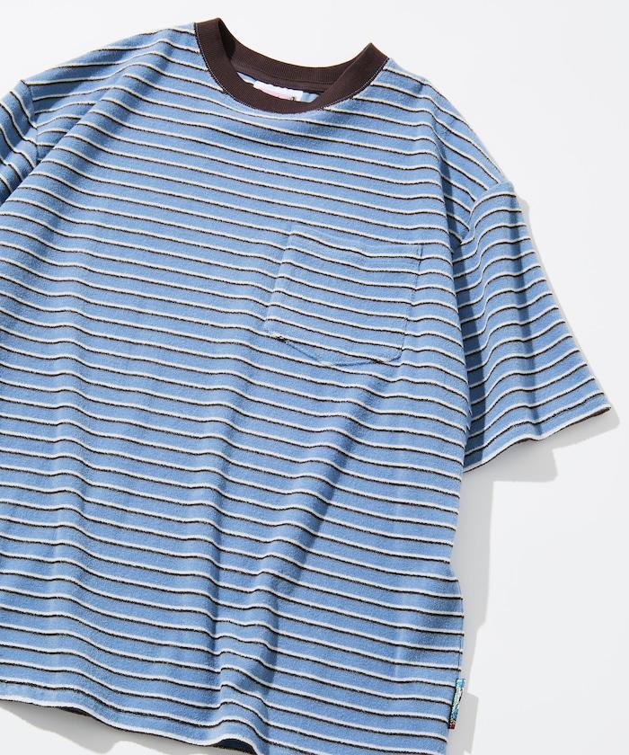 【海灘&節日】多色條紋毛巾 圓領 帶口袋T恤 短袖