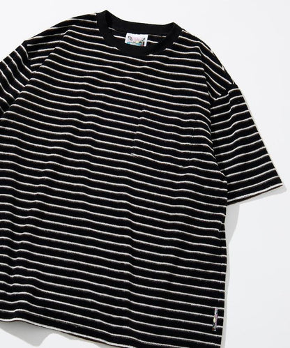 【海灘&節日】多色條紋毛巾 圓領 帶口袋T恤 短袖