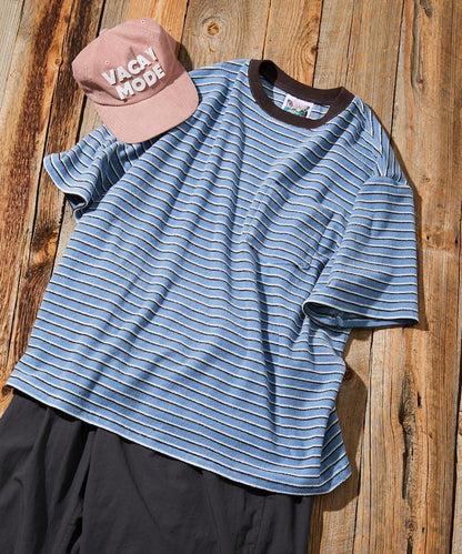 【海灘&節日】多色條紋毛巾 圓領 帶口袋T恤 短袖