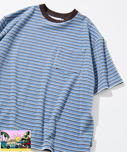 【海灘&節日】多色條紋毛巾 圓領 帶口袋T恤 短袖