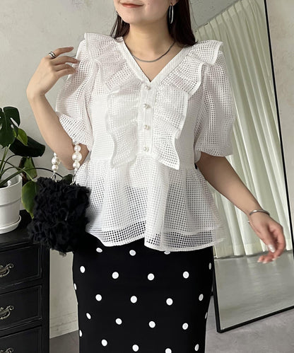 珍珠鈕釦網眷邊荷葉邊娃娃衫