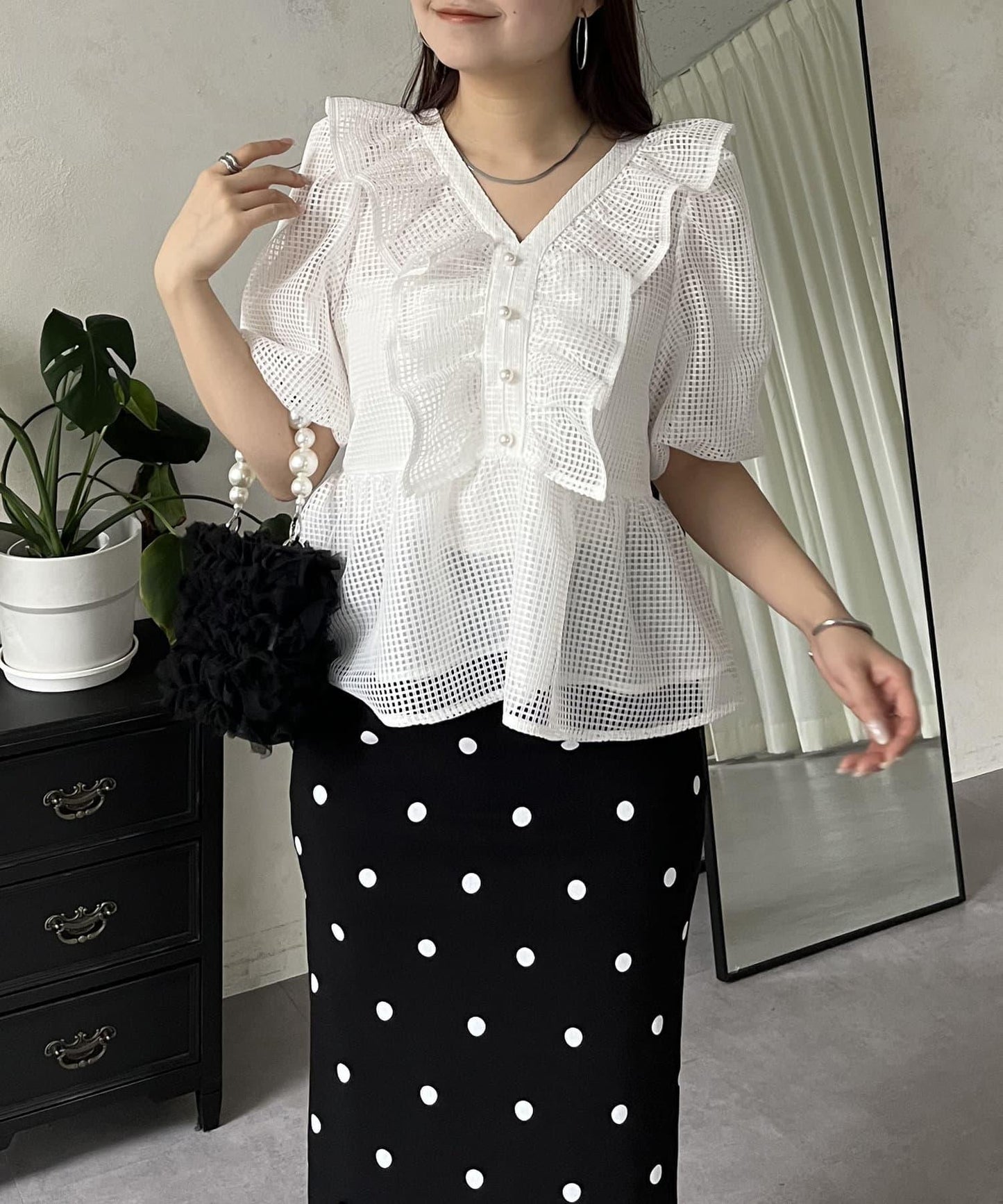 珍珠鈕釦網眷邊荷葉邊娃娃衫