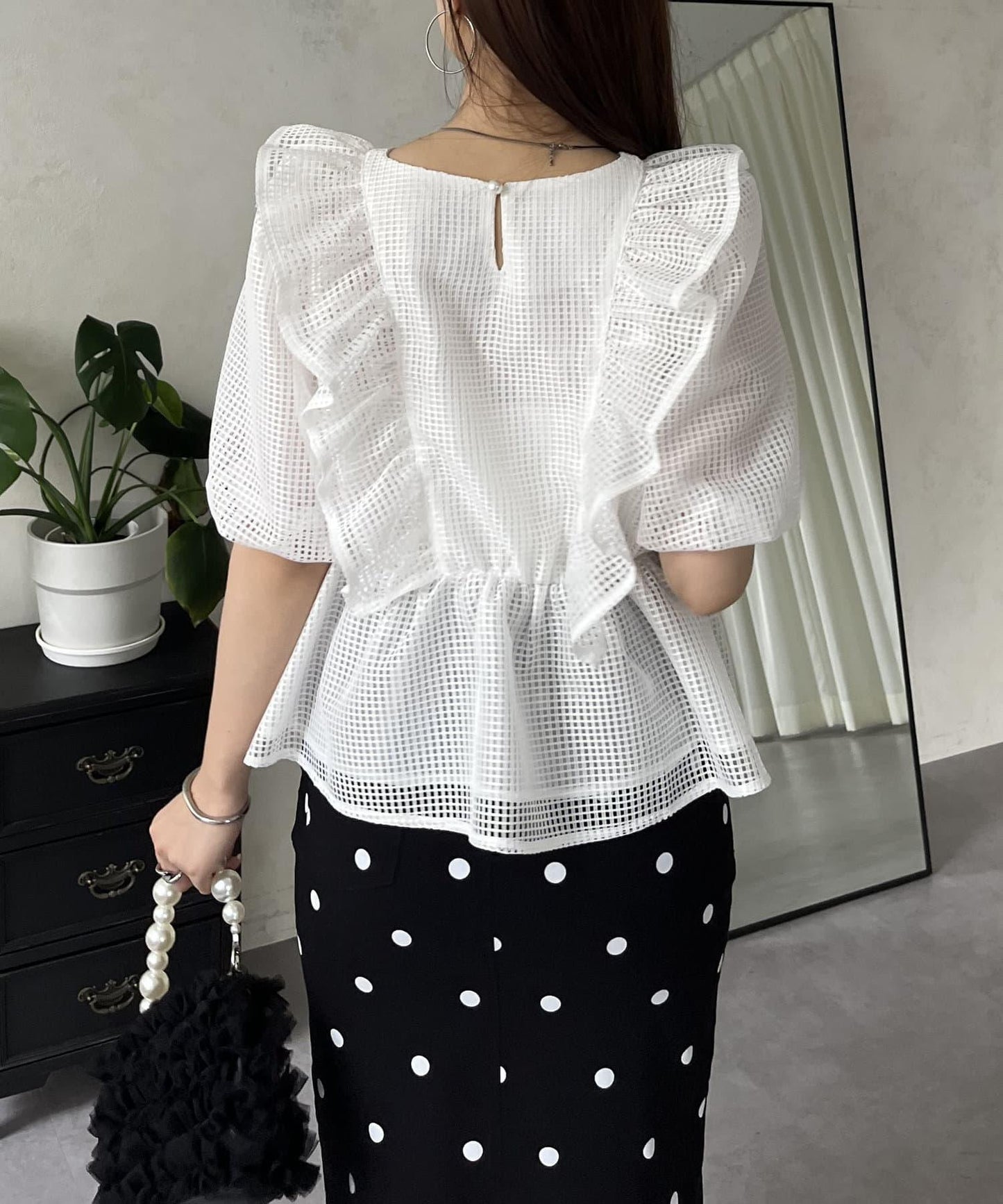 珍珠鈕釦網眷邊荷葉邊娃娃衫