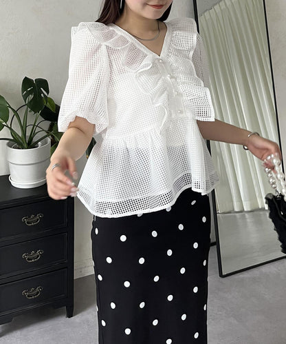珍珠鈕釦網眷邊荷葉邊娃娃衫