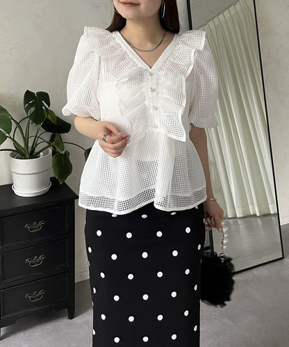 珍珠鈕釦網眷邊荷葉邊娃娃衫