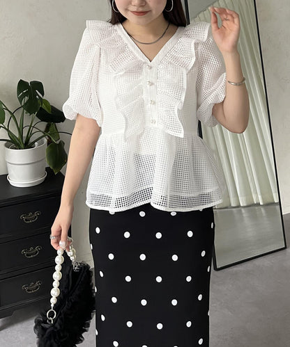 珍珠鈕釦網眷邊荷葉邊娃娃衫