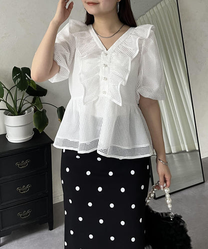 珍珠鈕釦網眷邊荷葉邊娃娃衫