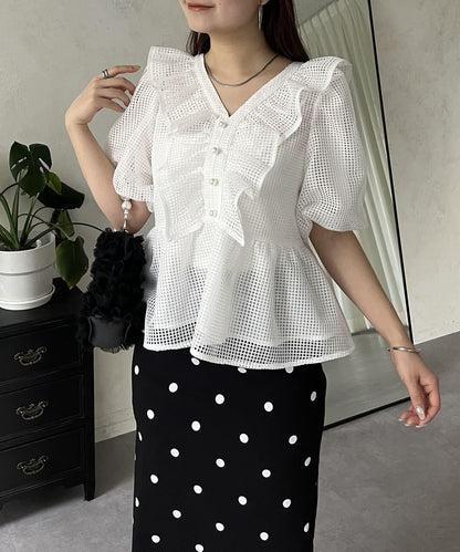 珍珠鈕釦網眷邊荷葉邊娃娃衫