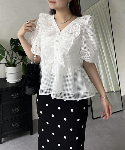 珍珠鈕釦網眷邊荷葉邊娃娃衫
