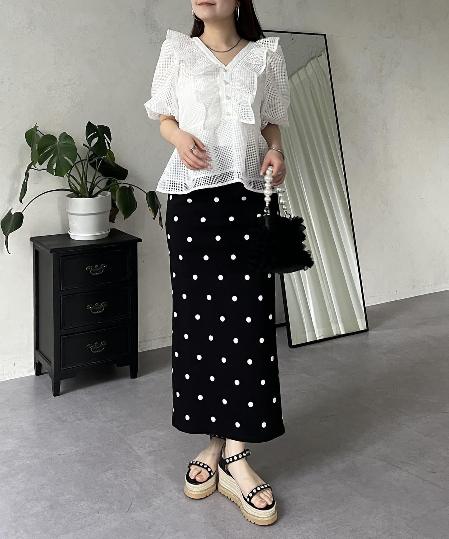 珍珠鈕釦網眷邊荷葉邊娃娃衫