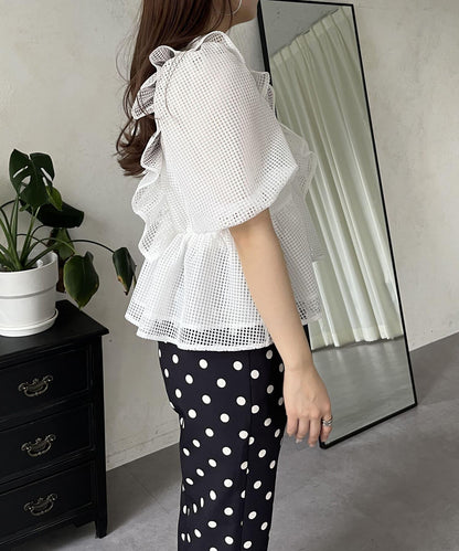 珍珠鈕釦網眷邊荷葉邊娃娃衫