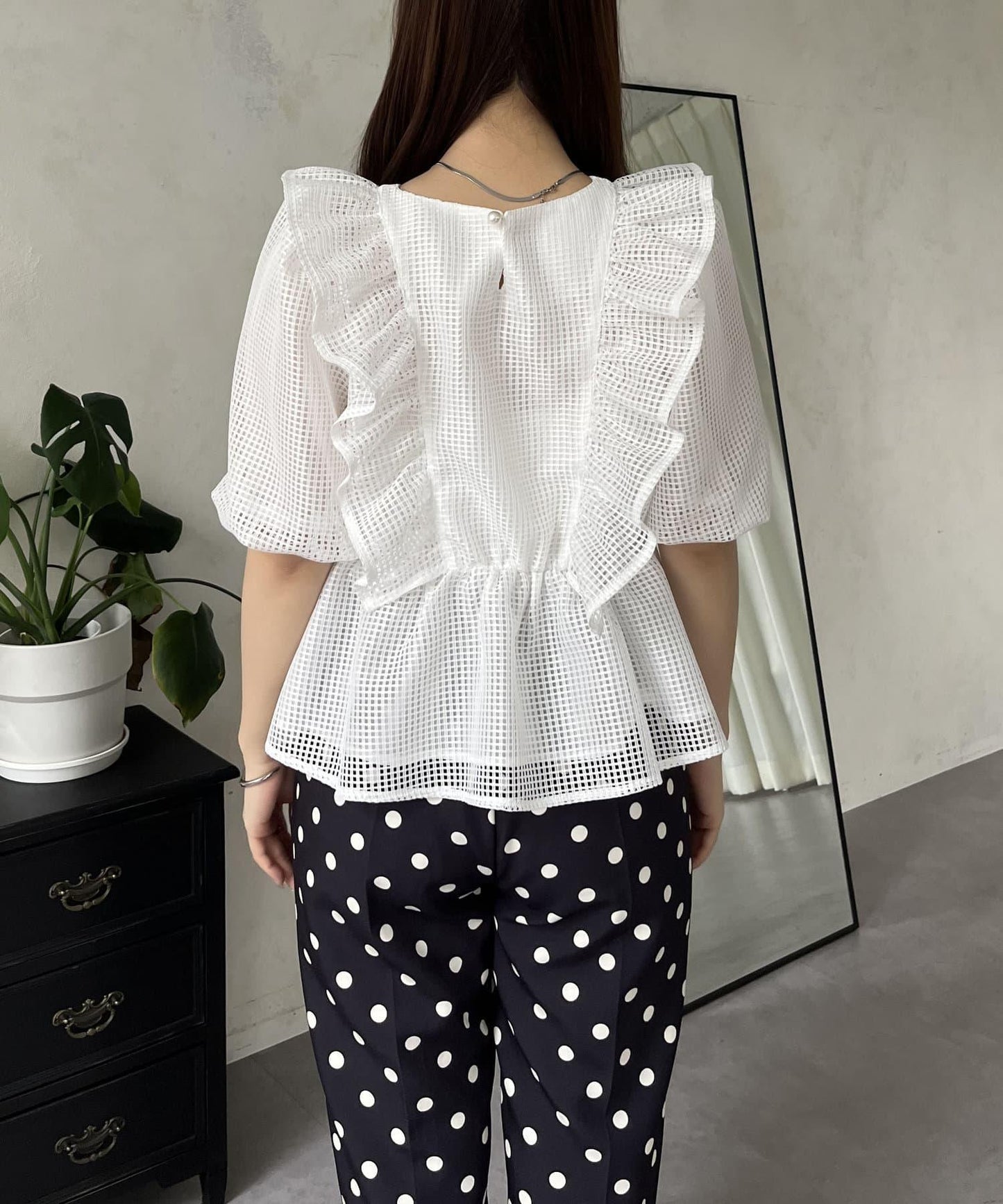珍珠鈕釦網眷邊荷葉邊娃娃衫