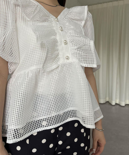 珍珠鈕釦網眷邊荷葉邊娃娃衫