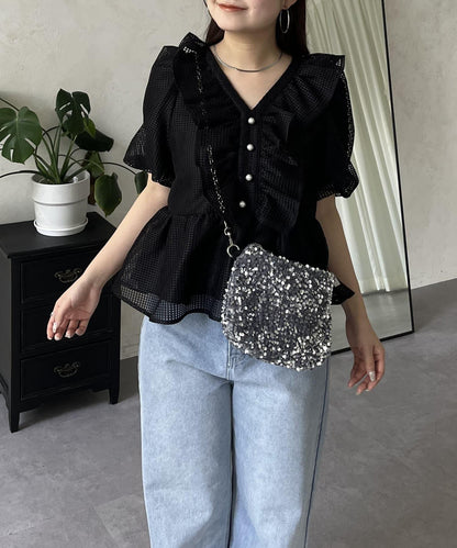 珍珠鈕釦網眷邊荷葉邊娃娃衫