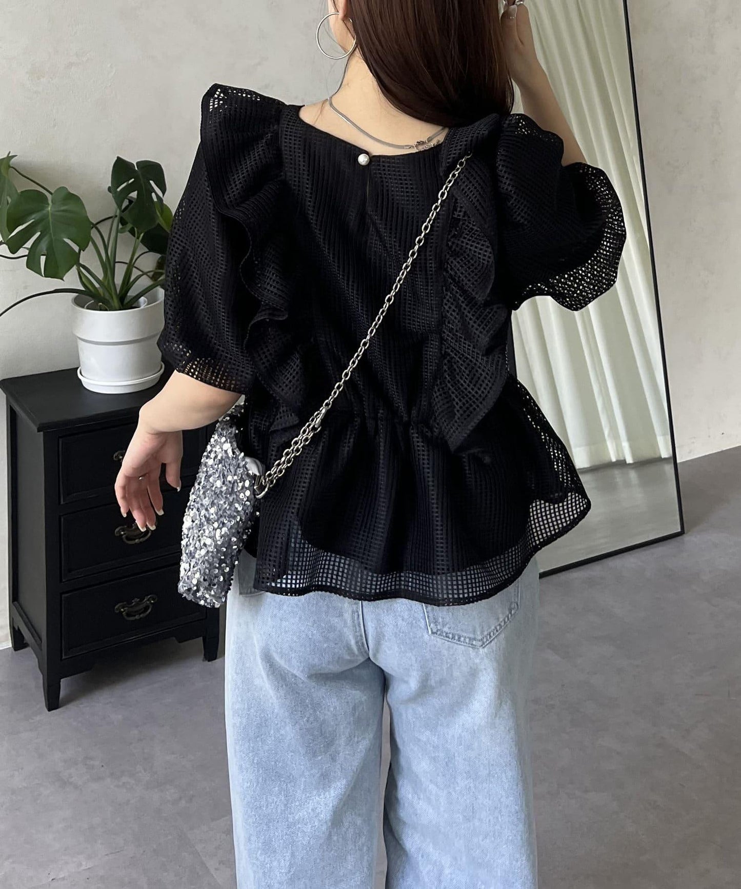 珍珠鈕釦網眷邊荷葉邊娃娃衫