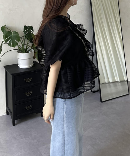 珍珠鈕釦網眷邊荷葉邊娃娃衫