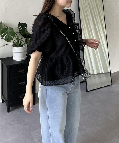 珍珠鈕釦網眷邊荷葉邊娃娃衫