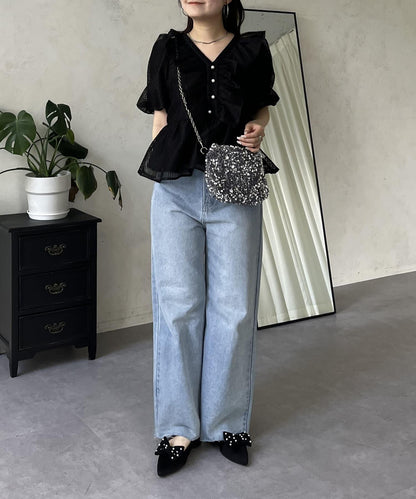 珍珠鈕釦網眷邊荷葉邊娃娃衫