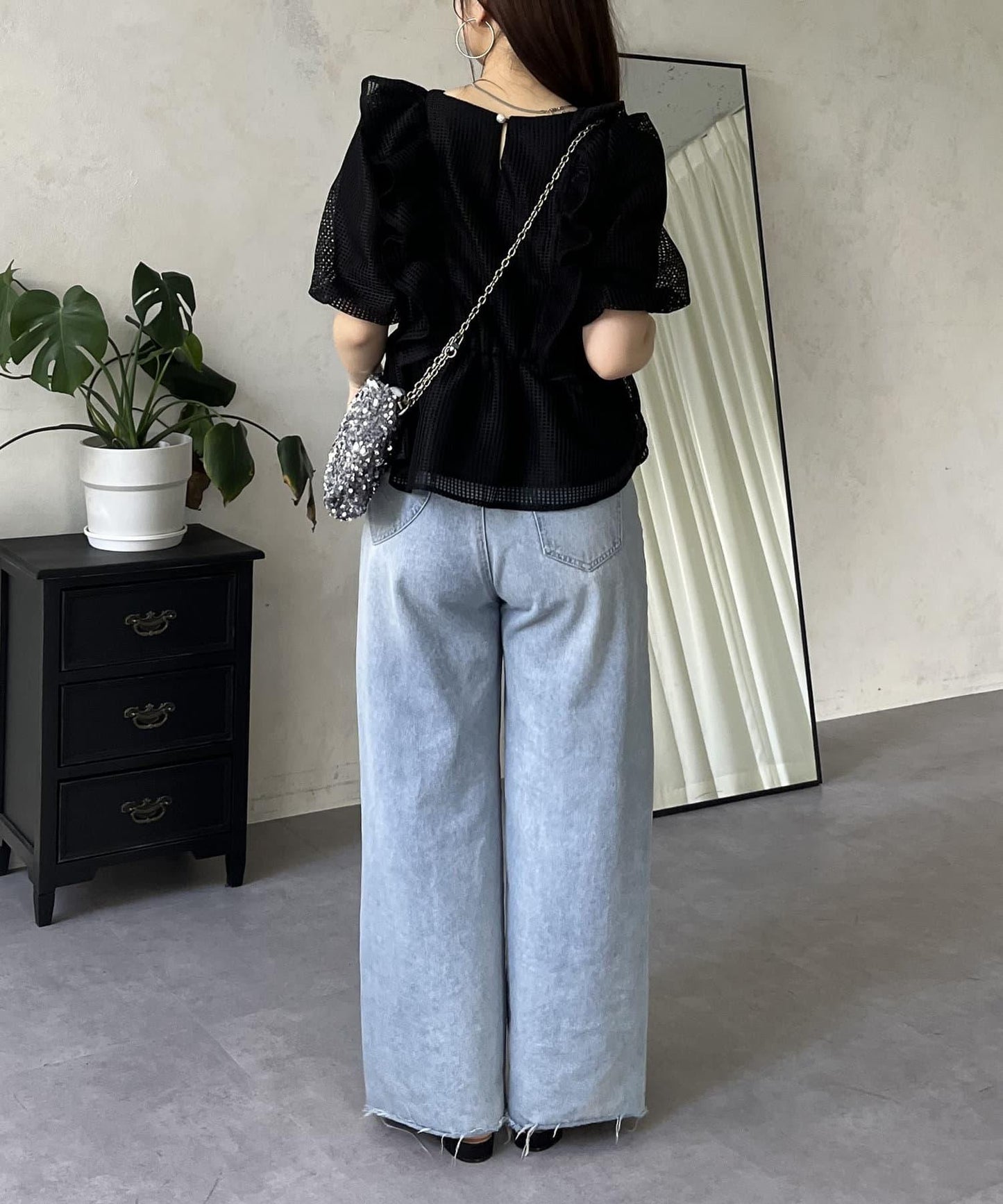 珍珠鈕釦網眷邊荷葉邊娃娃衫