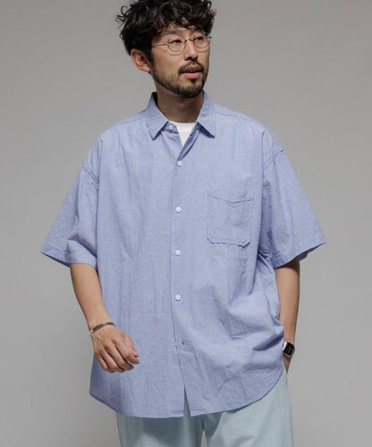 聯名 皺紋加工 舒適版型 常規領口 短袖條紋襯衫