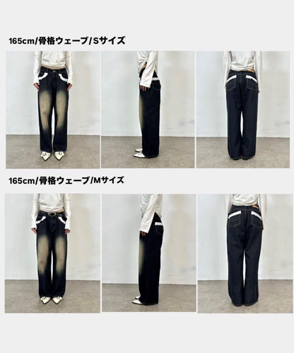 【2尺碼】蕾絲低腰寬鬆牛仔褲