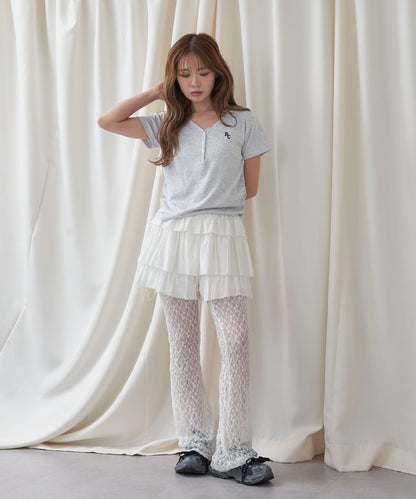 V領亨利領胸部刺繡短袖T恤