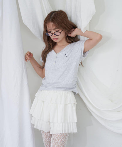 V領亨利領胸部刺繡短袖T恤