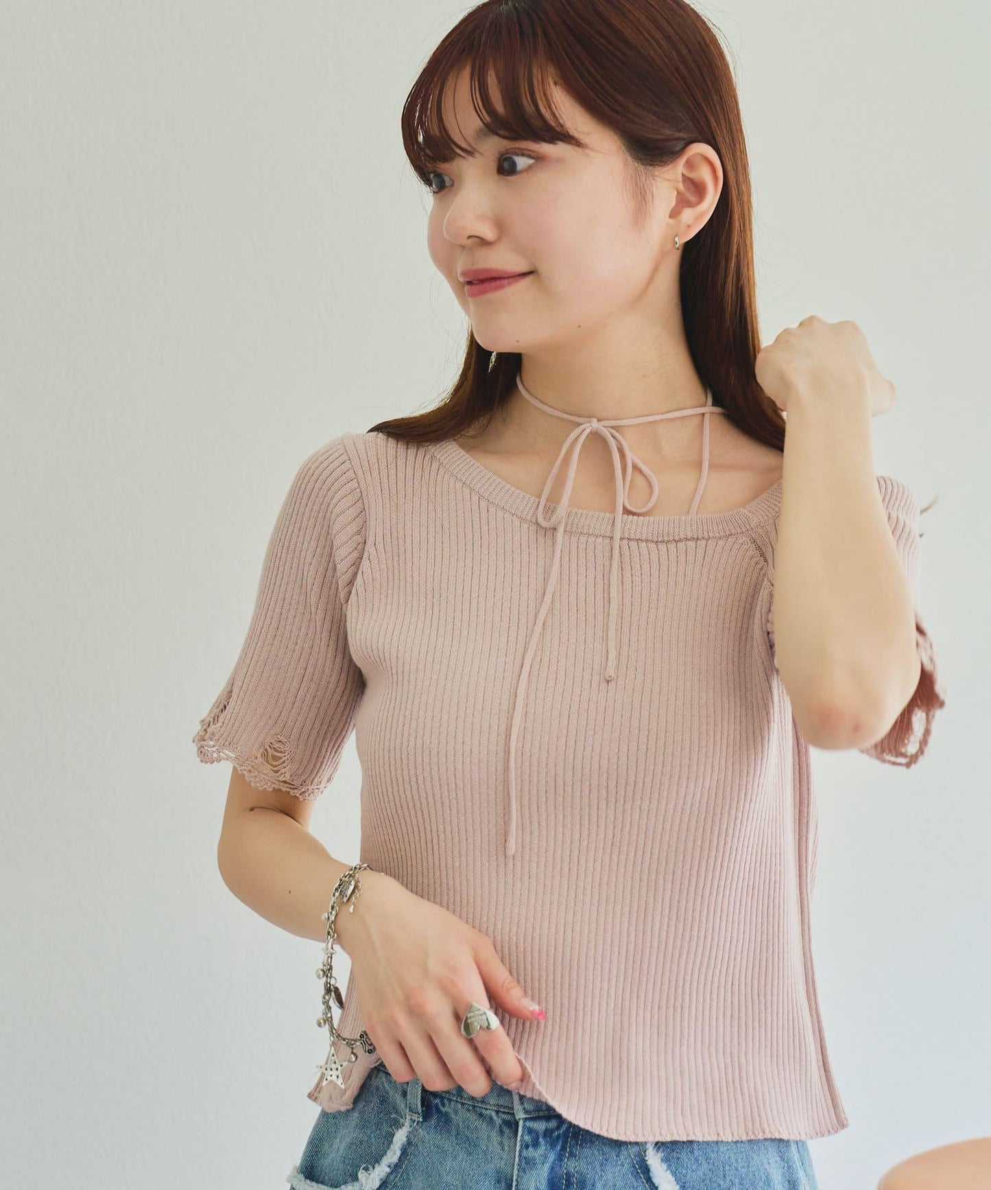 損傷鉤花半袖針織衫