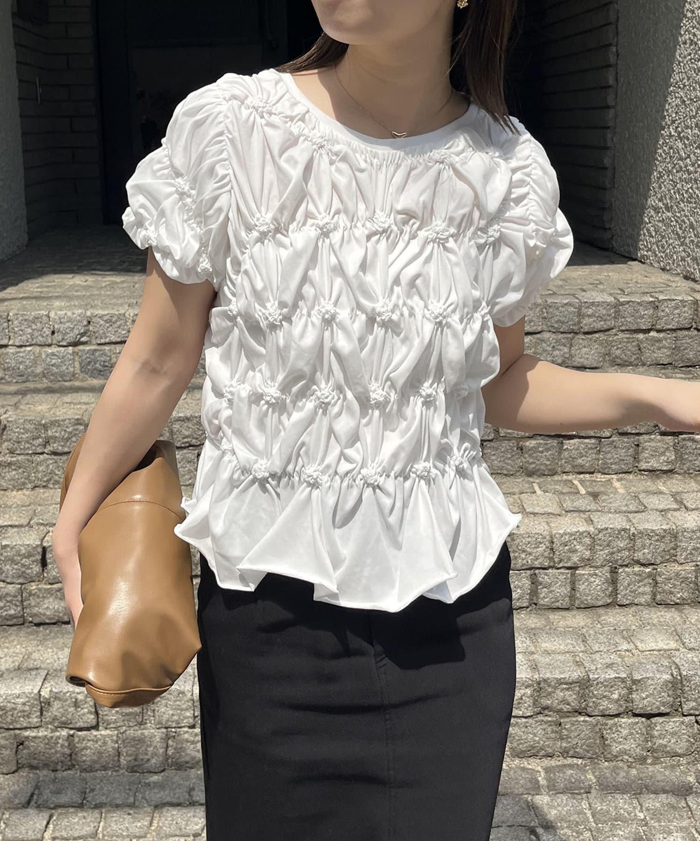 綁帶褶皺打褶T恤