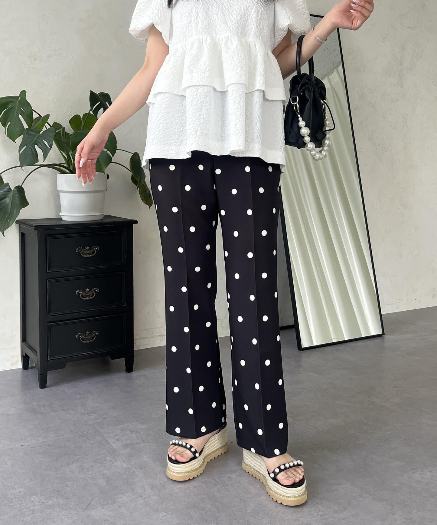 中壓褶圓點闊腿褲