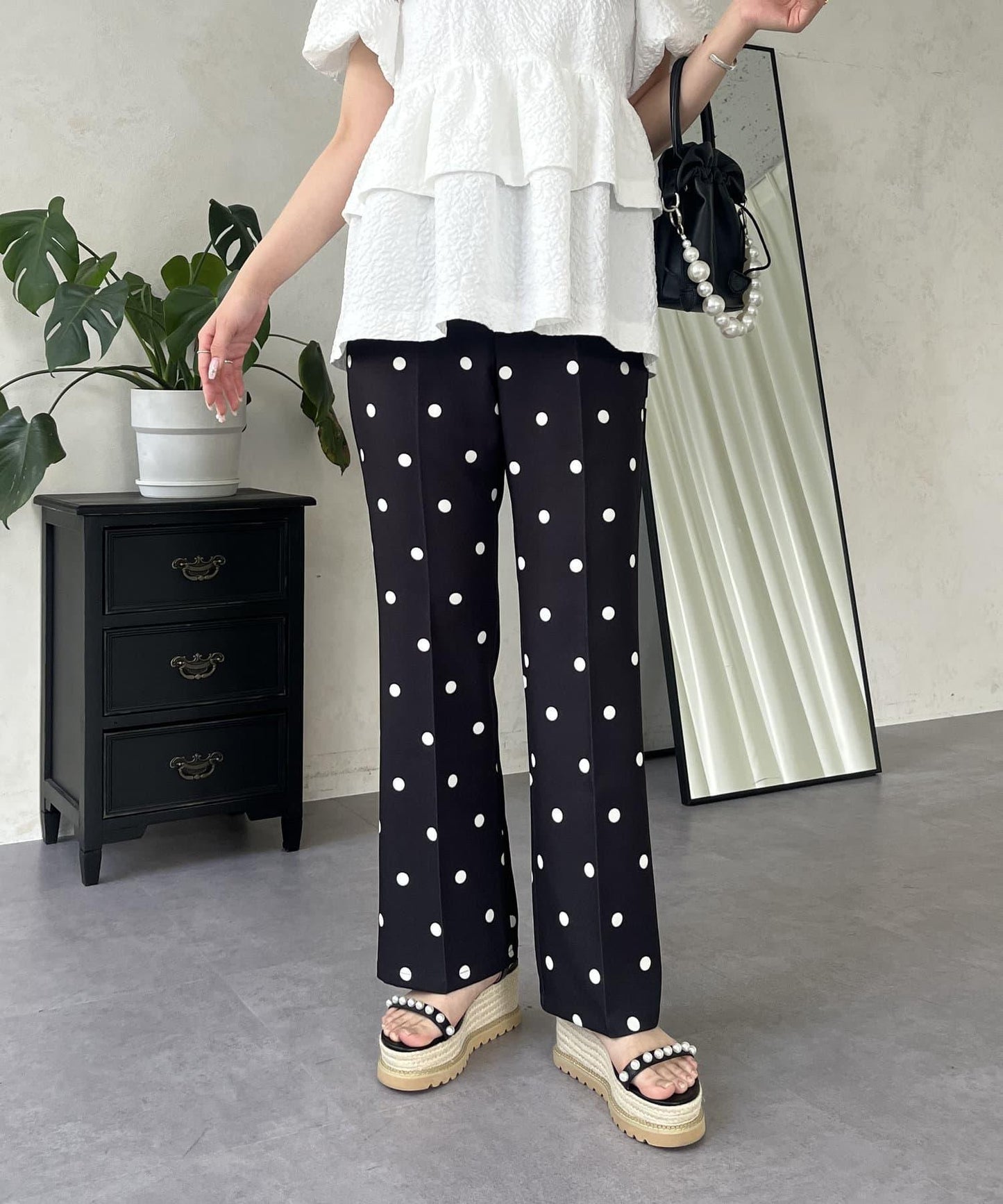 中壓褶圓點闊腿褲