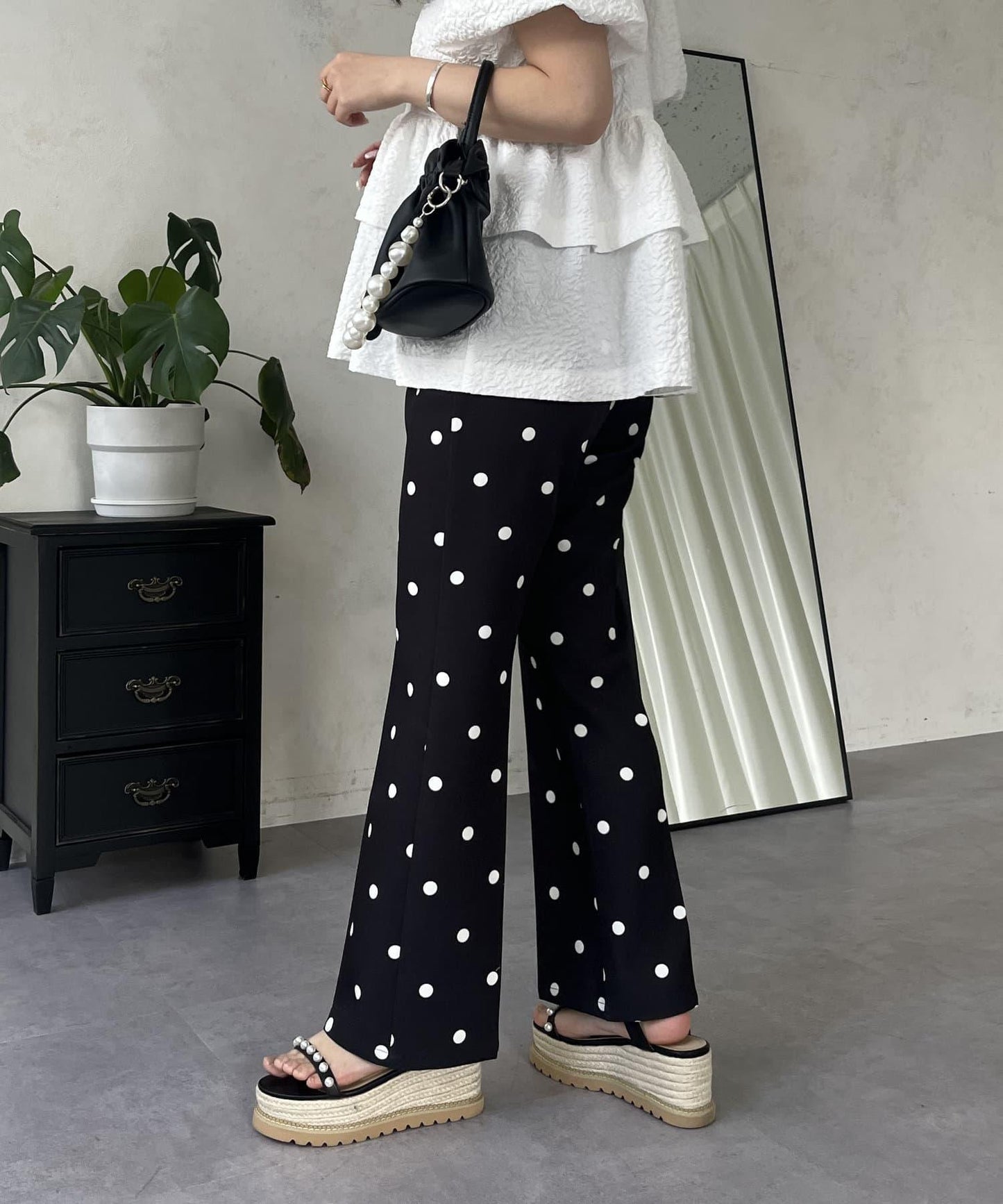 中壓褶圓點闊腿褲