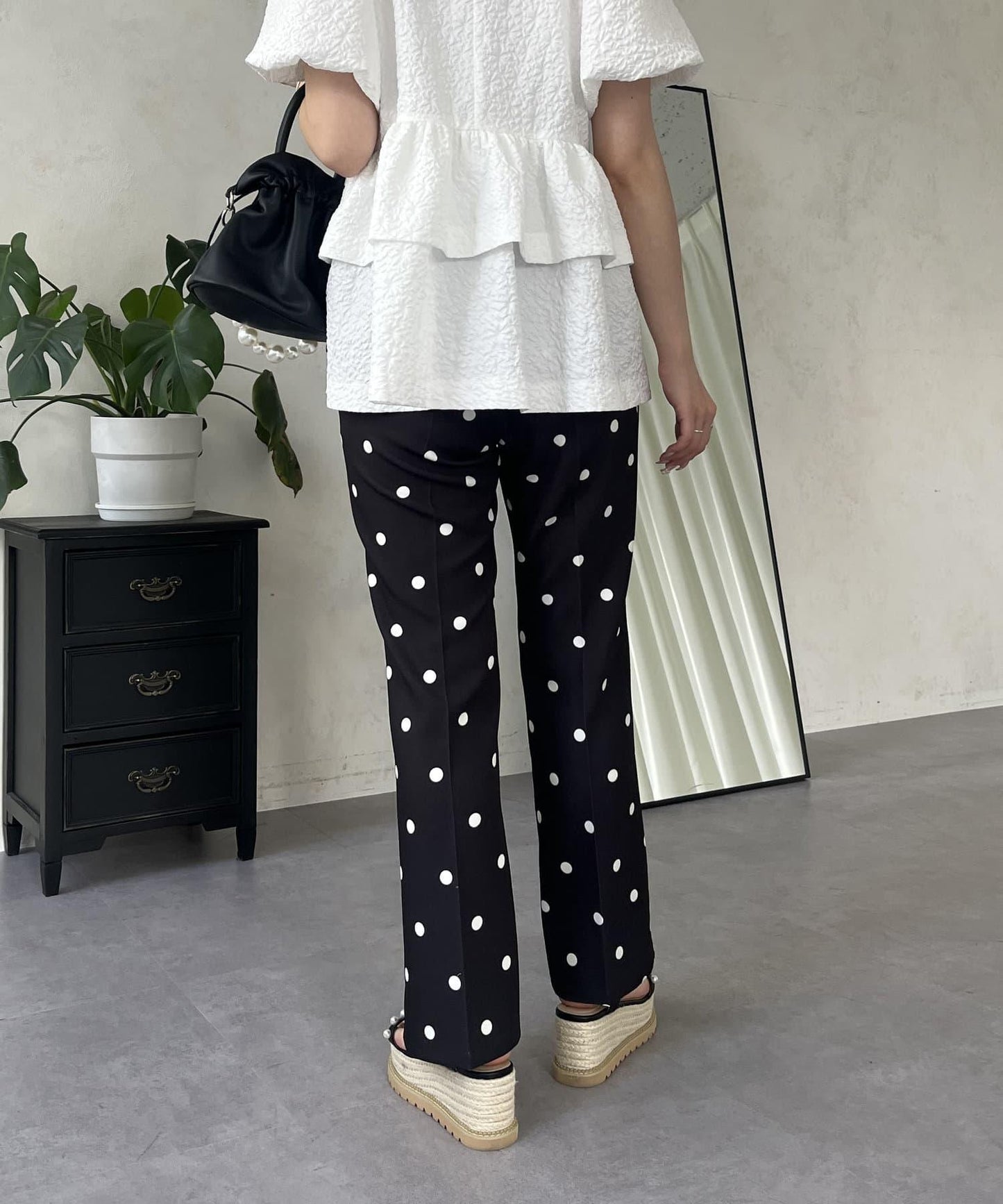 中壓褶圓點闊腿褲