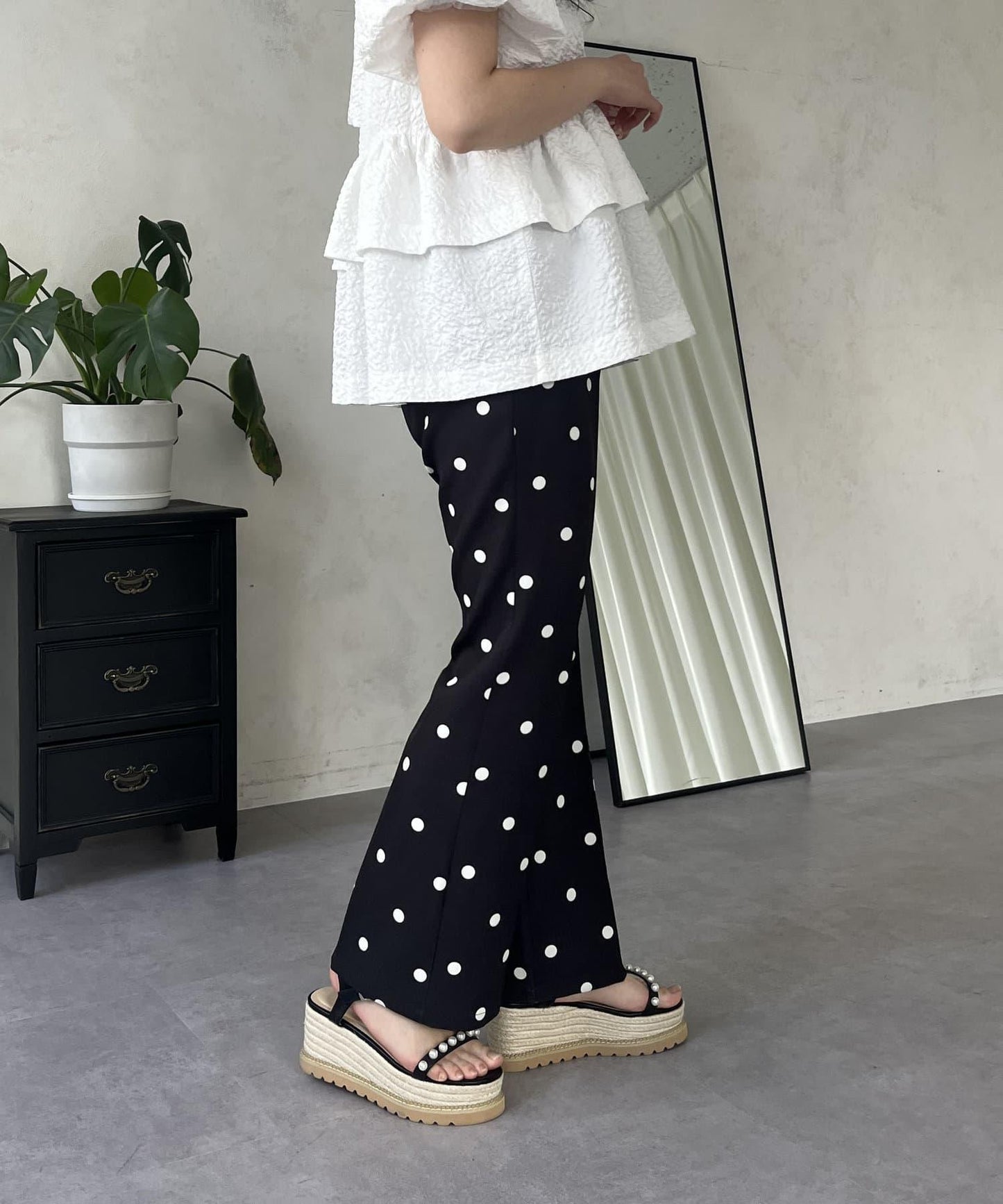 中壓褶圓點闊腿褲