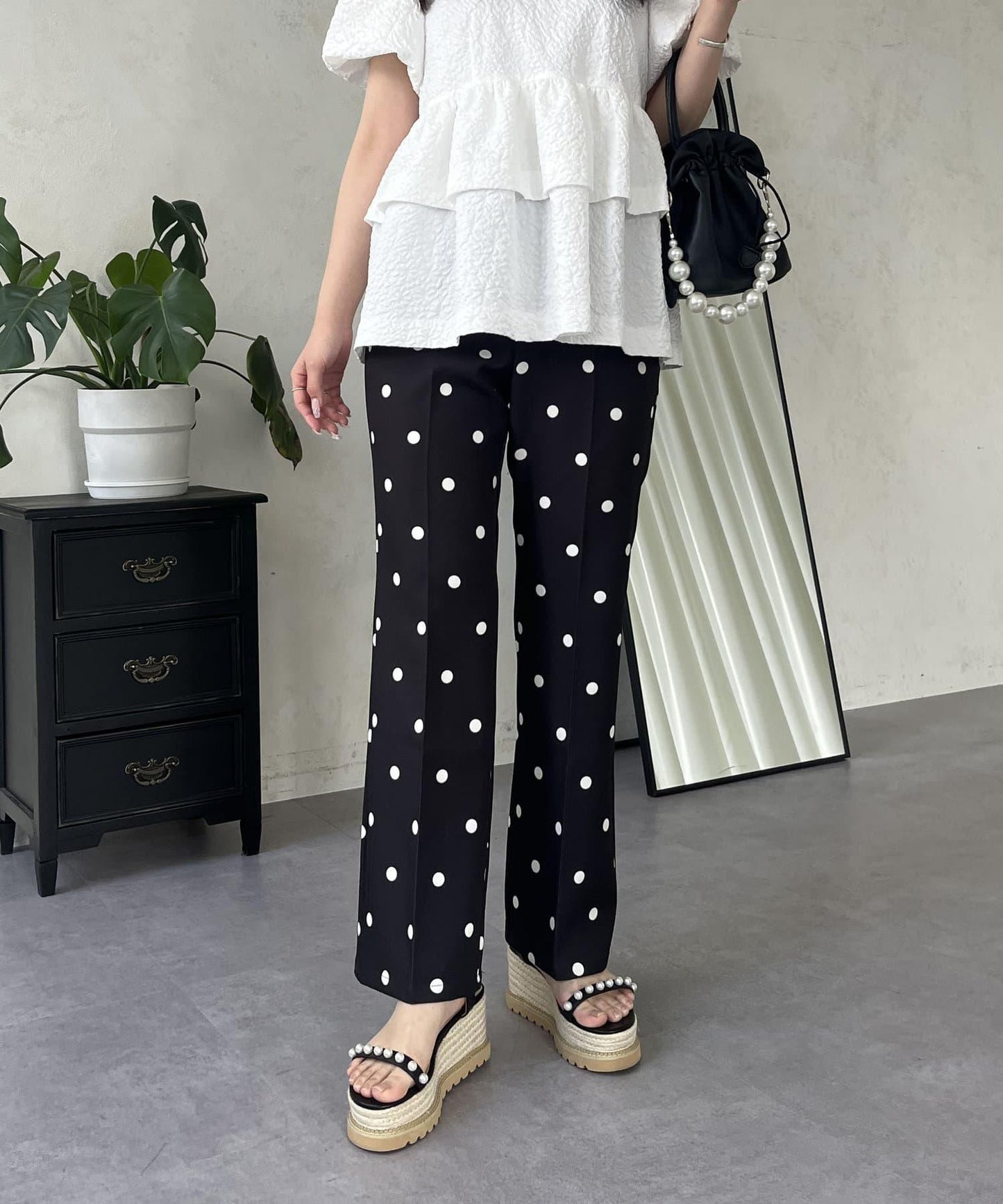 中壓褶圓點闊腿褲