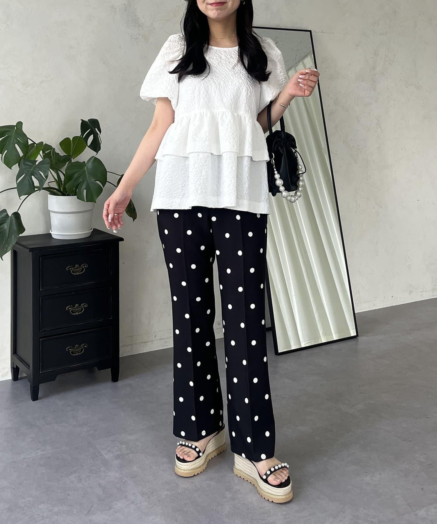 中壓褶圓點闊腿褲