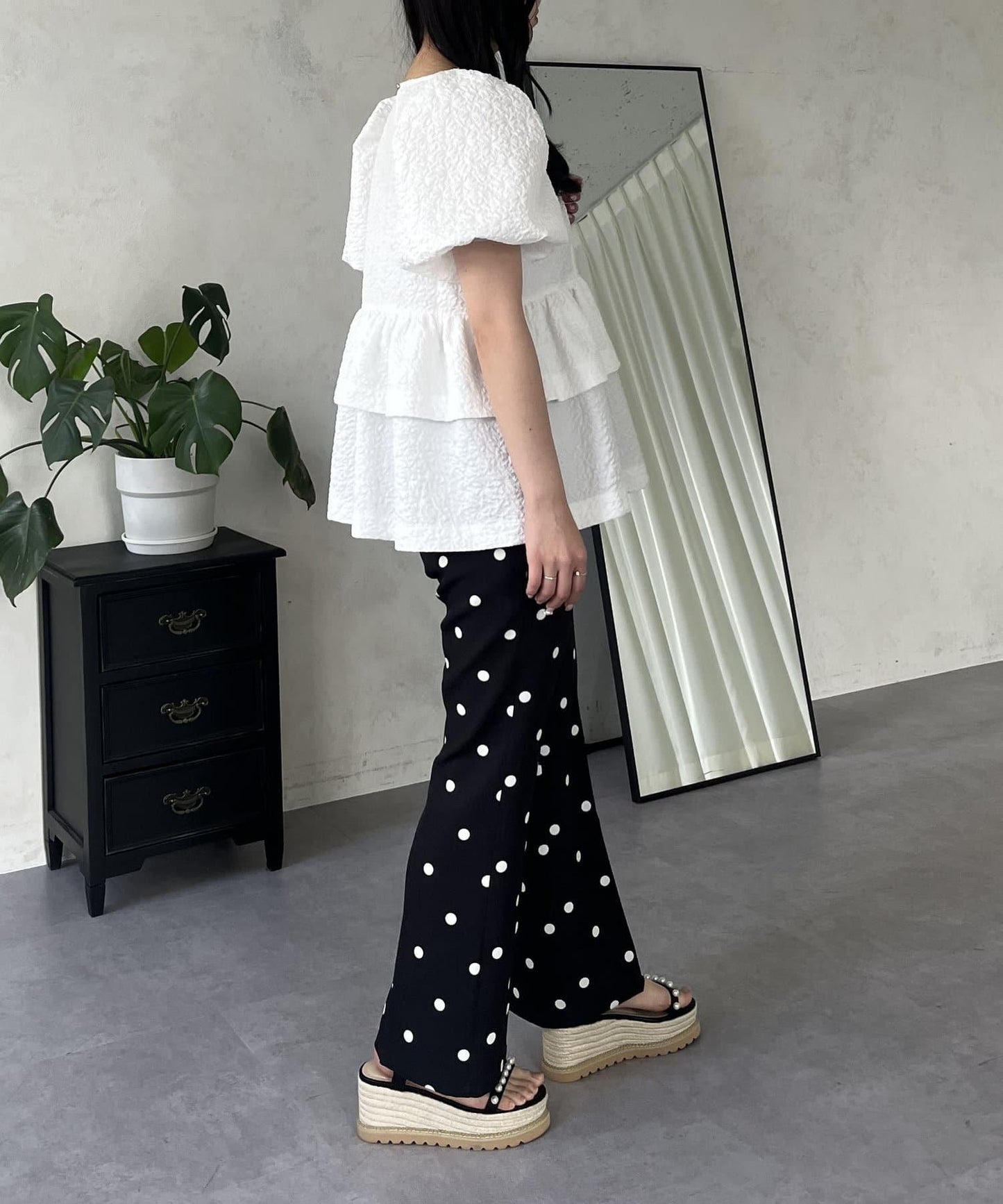 中壓褶圓點闊腿褲