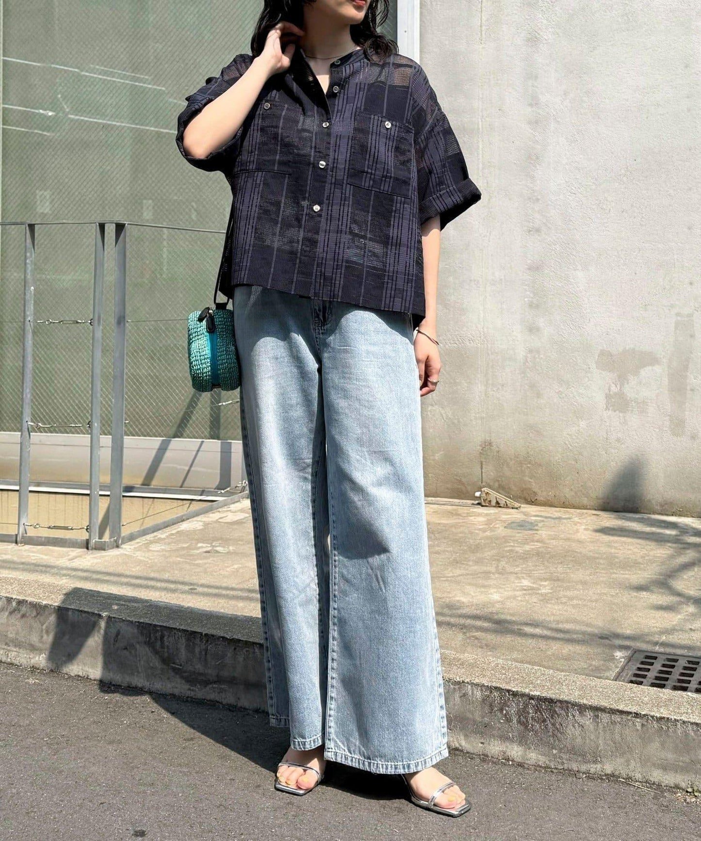透視格紋短袖襯衫