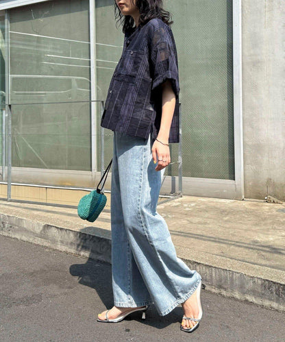 透視格紋短袖襯衫