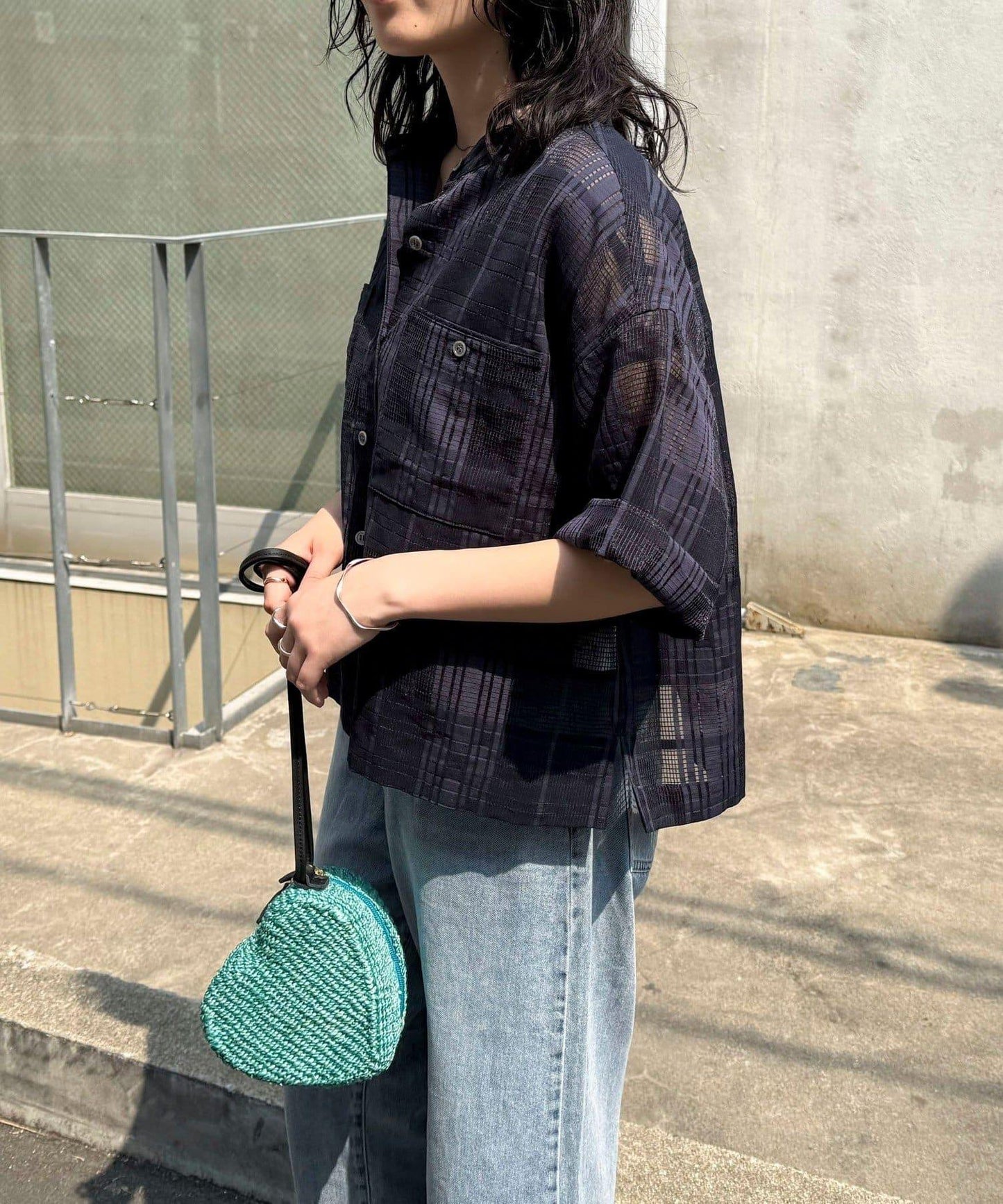 透視格紋短袖襯衫