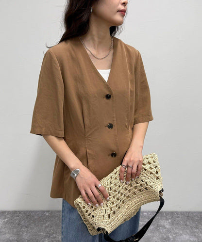 《套裝搭配》人造纖維麻半袖夾克