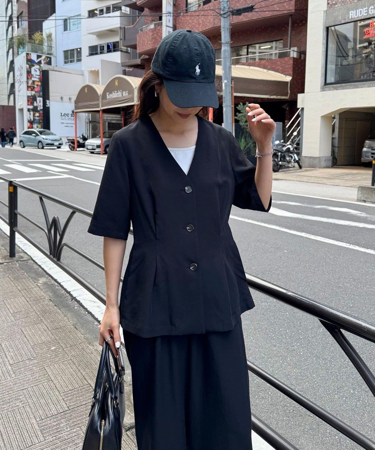 《套裝搭配》人造纖維麻半袖夾克