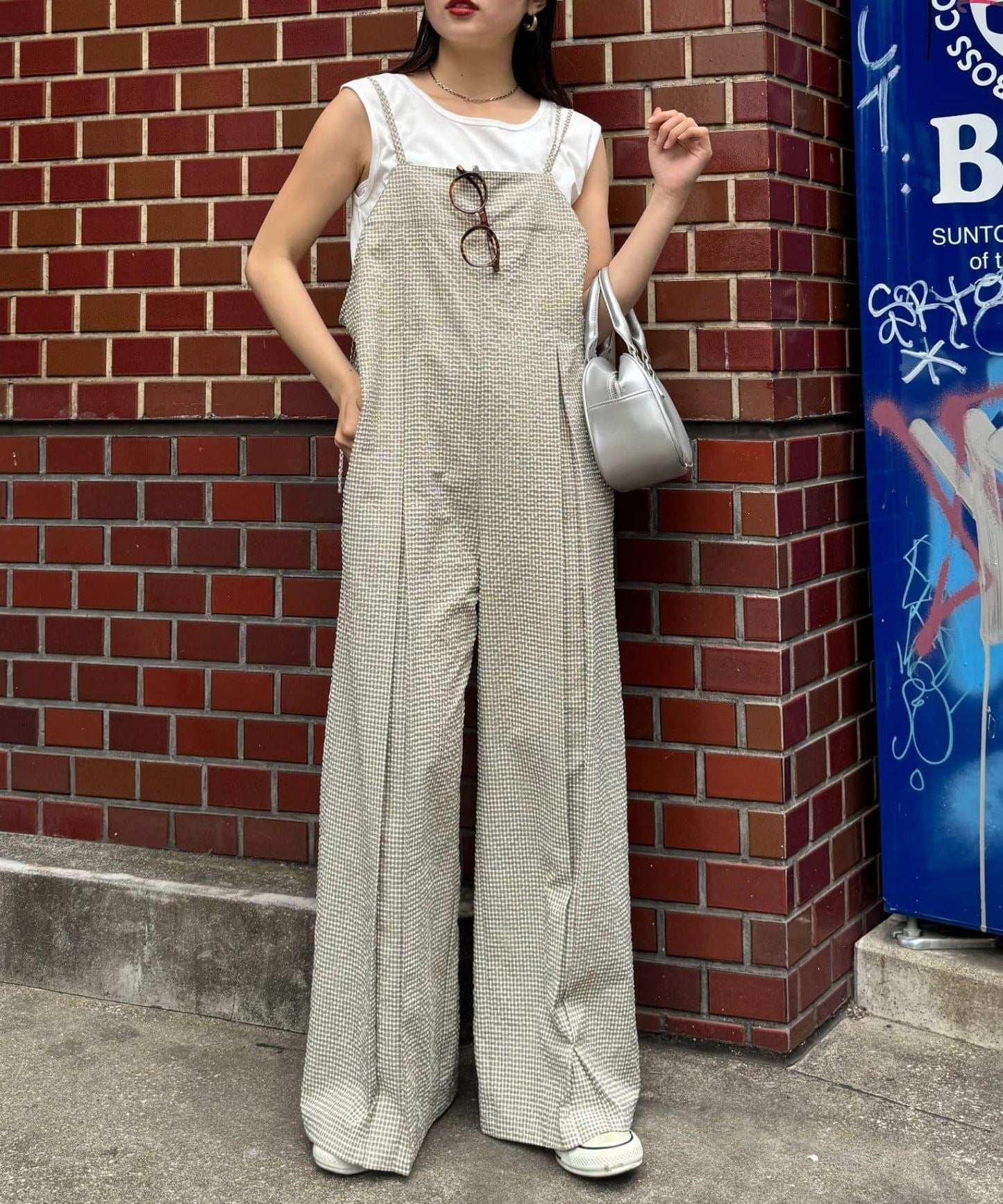 【帶背心】格紋足球工裝連體褲
