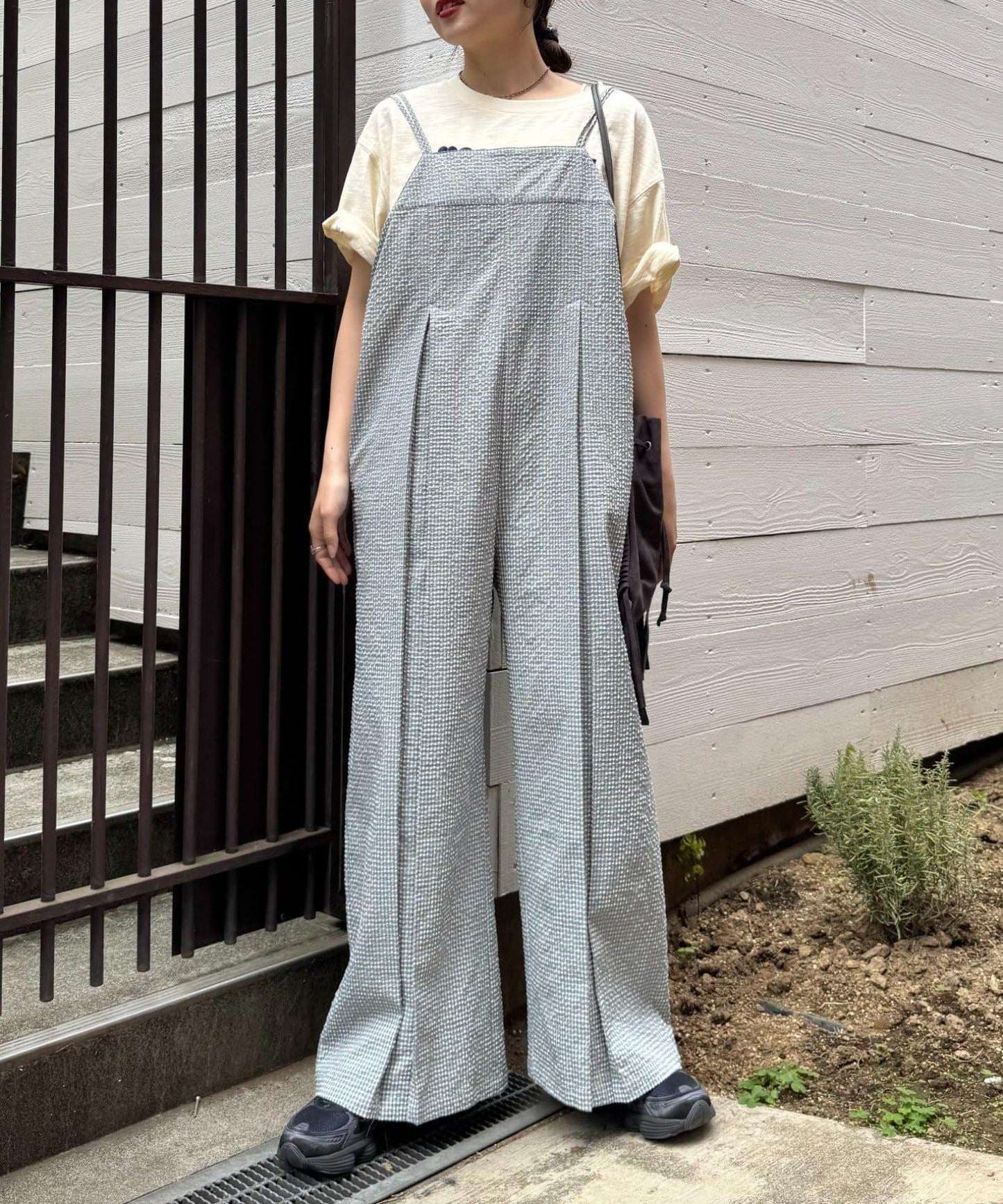 【帶背心】格紋足球工裝連體褲